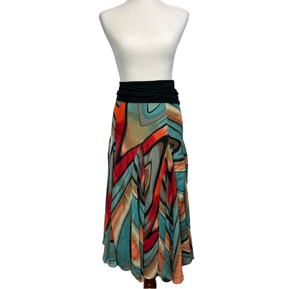 LAPIS Y2K Style Maxi Skirt Small Multicolor Funky Printed Flowy Fold Over Waist - Picture 1 of 8